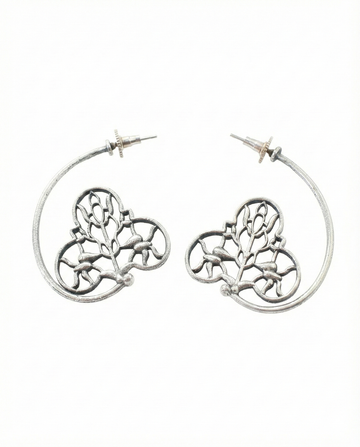 Floral Filigree Crescent Oxidised German Silver Earrings | Artistic Antique Statement Earrings