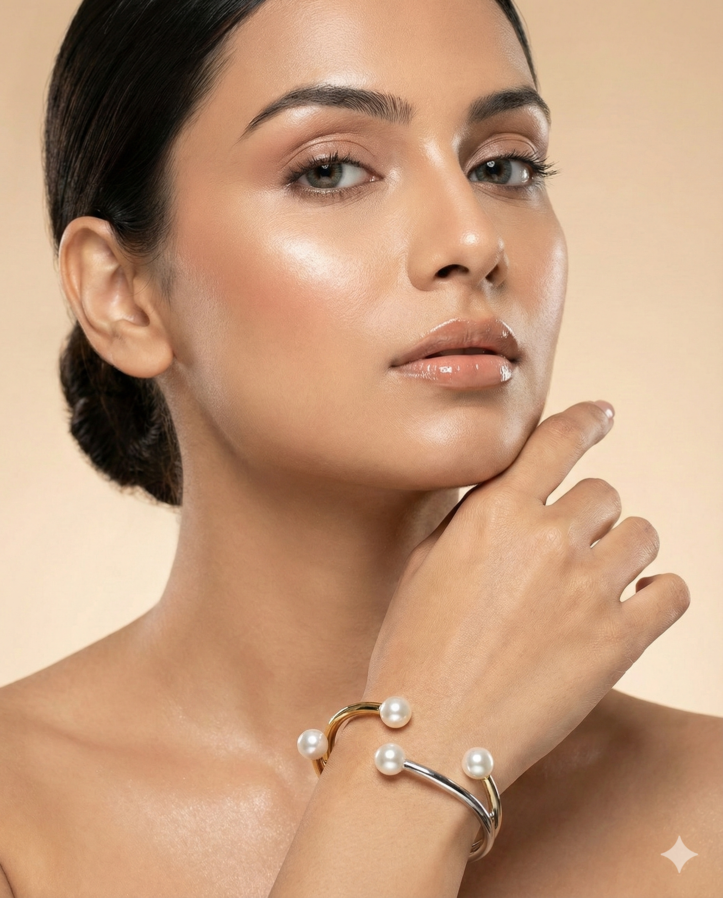 Anti-Tarnish Two-Tone Pearl Accent Cuff Bracelet – Stainless Steel Modern Design