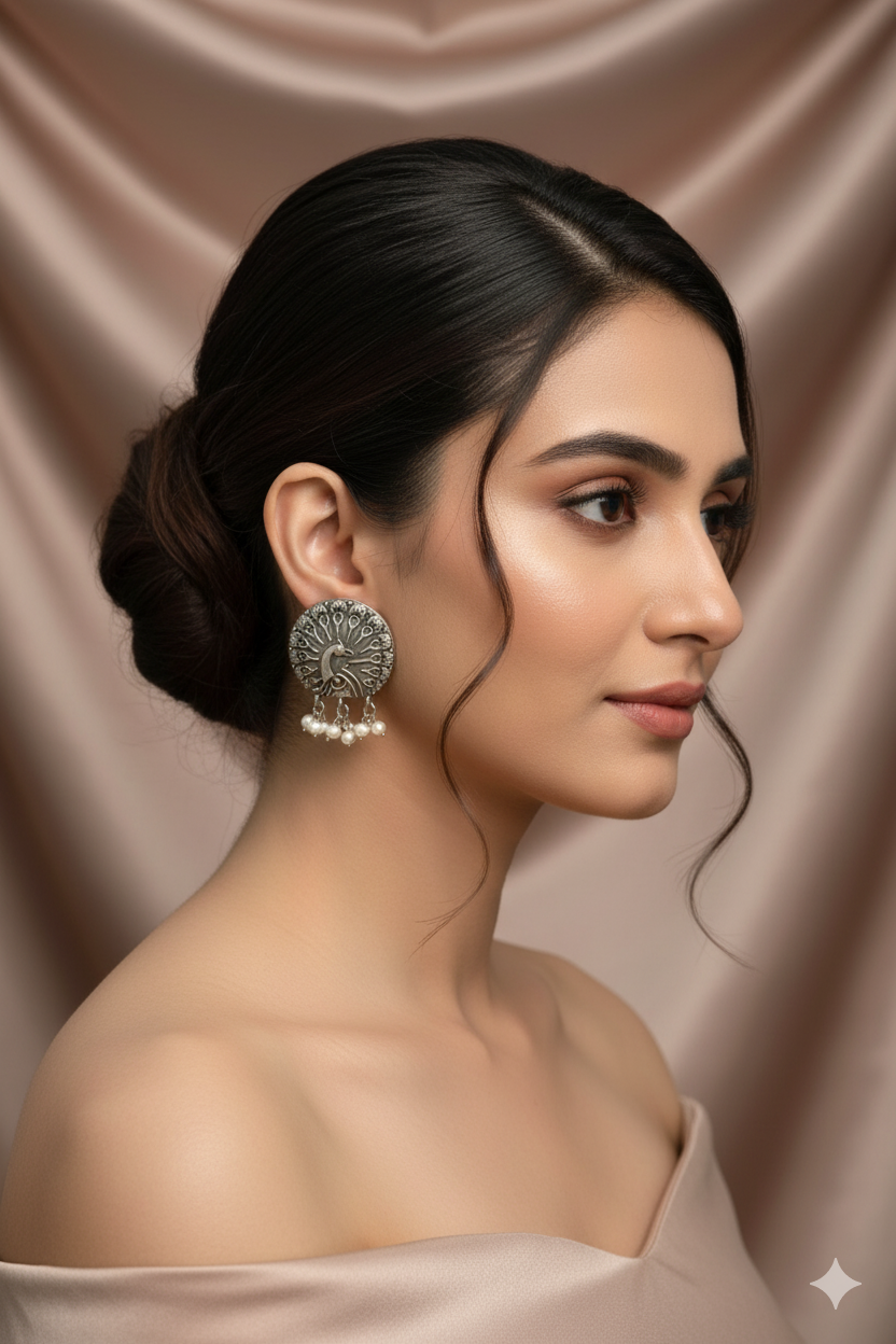 Oxidised German Silver Peacock Design Earrings with Pearls