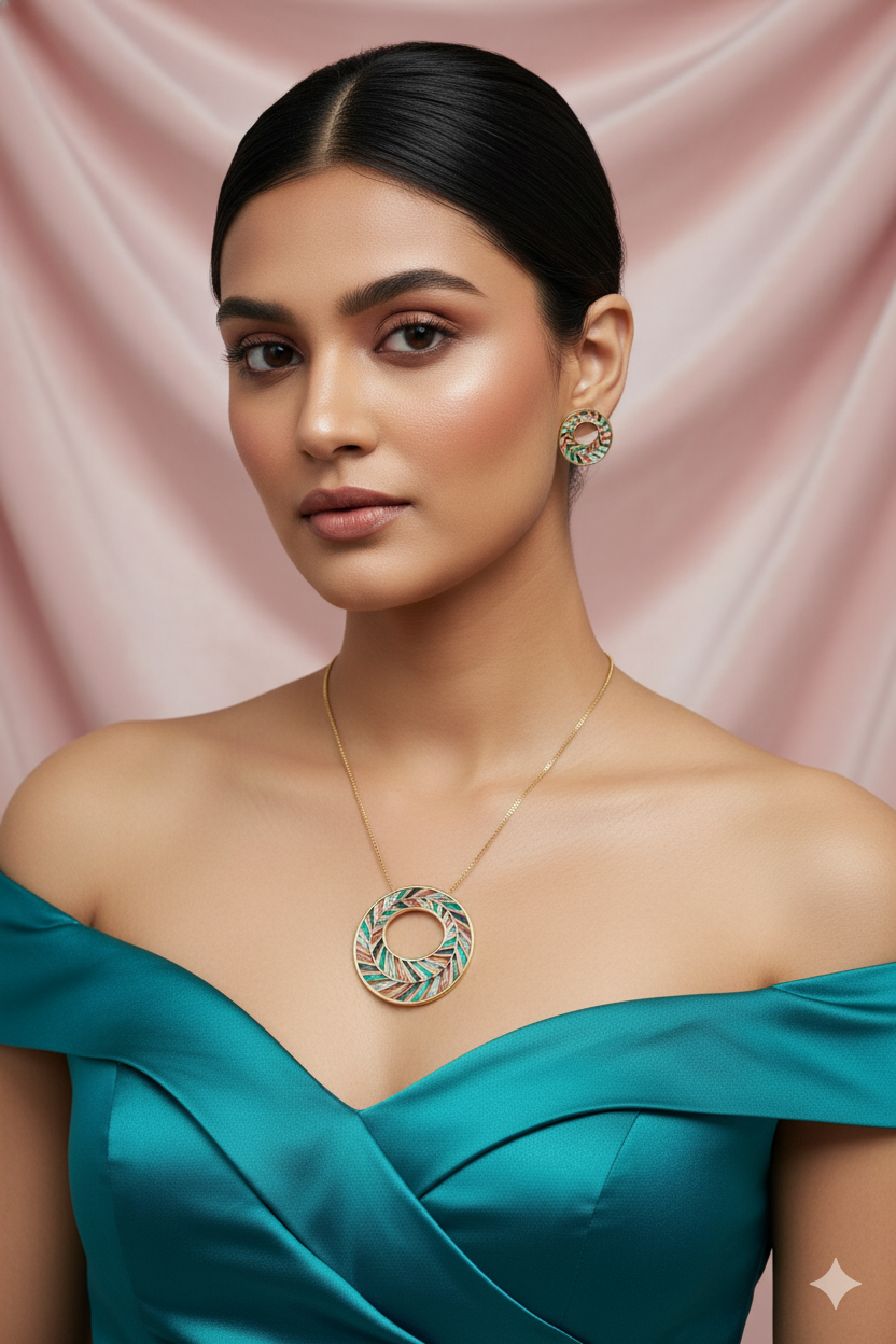 Multicolor Enamel Circle Pendant Set - Gold Plated Luxury Necklace & Earrings | Anti Tarnish Finish