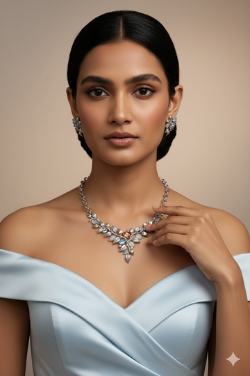 Rhodium Plated Leaf Motif AD Stone Necklace Set with Blue Accents | Silver Finish | Anti‑Tarnish