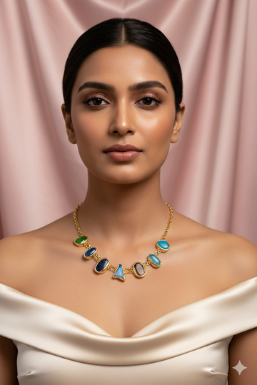 Natural Stone Statement Necklace – Multicolor Gem Chain | Brass Anti Tarnish | Lightweight