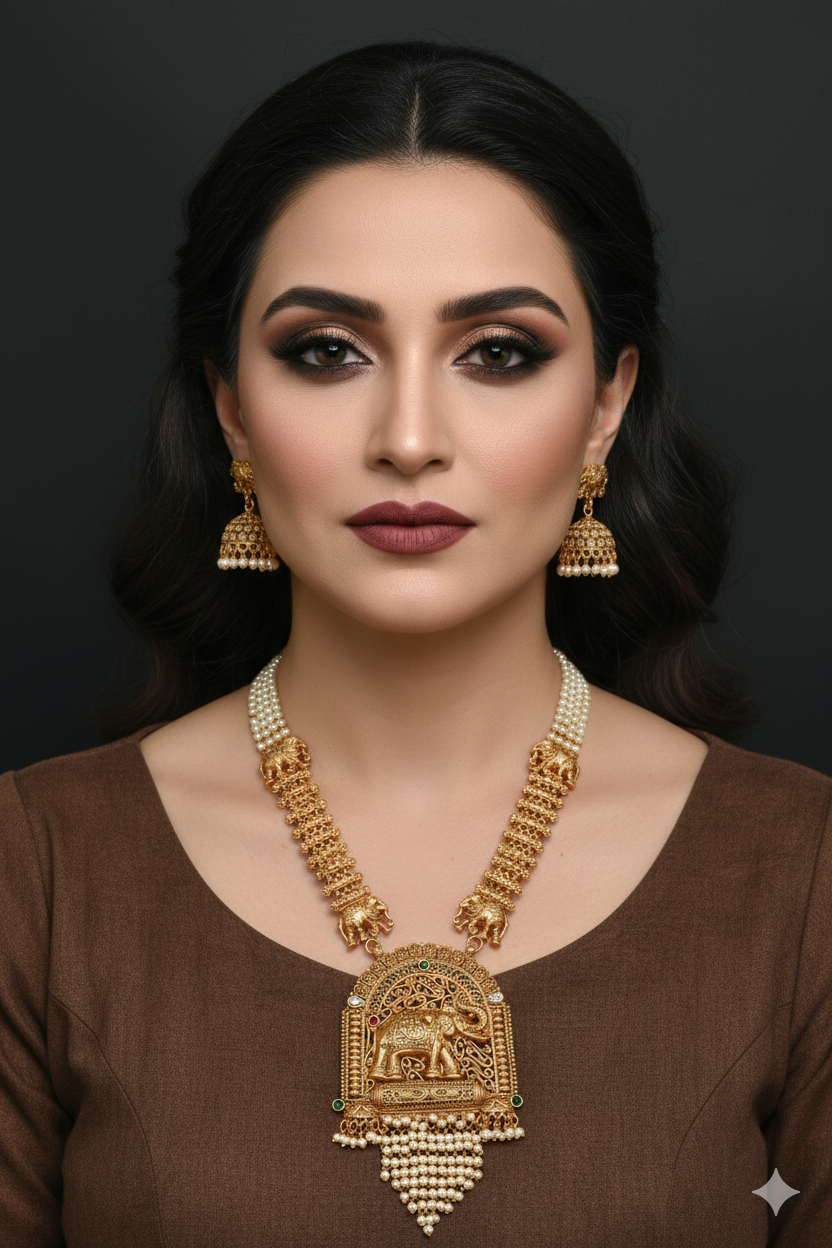 Antique Elephant Temple Pendant Haram with Pearl Tassel