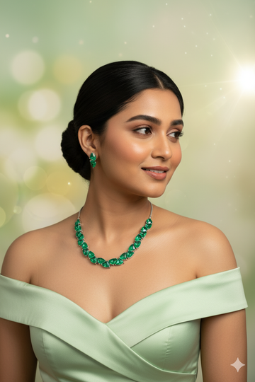 Korean Green Glass Stone Jewelry Necklace Set | Rhodium Plated Elegant Jewelry with Earrings