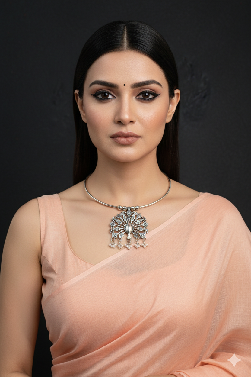 Oxidised German Silver Hansli Necklace with Peacock Design Pendant