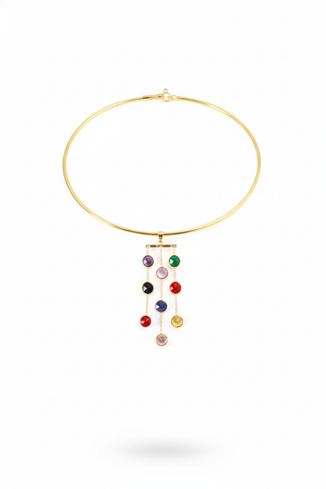 Hansuli Necklace with Triple-Chain Gem Pendant | Brass Anti Tarnish | Lightweight