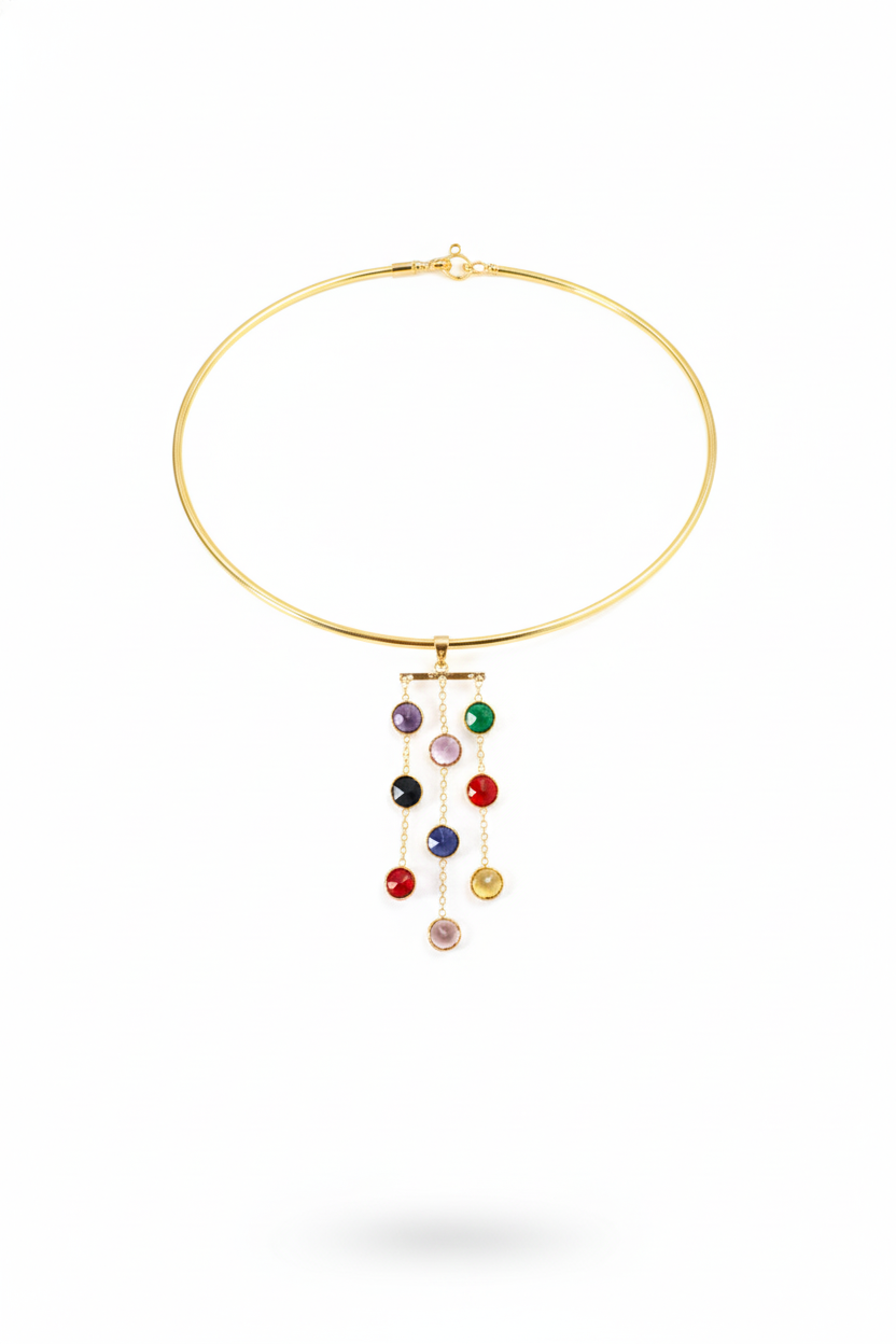 Hansuli Necklace with Triple-Chain Gem Pendant | Brass Anti Tarnish | Lightweight