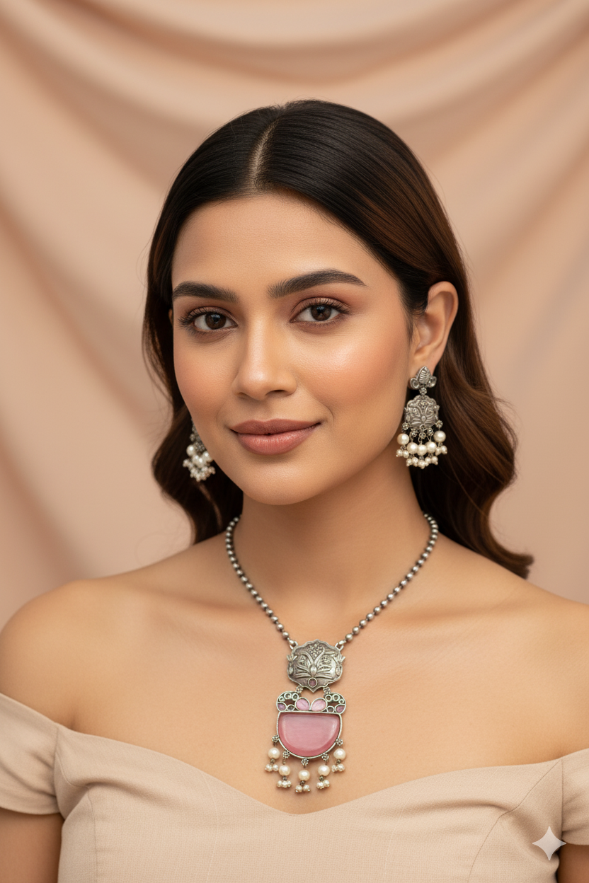 Pink Monalisa Floral Panel Pendant Set with Pearls | Oxidised German Silver