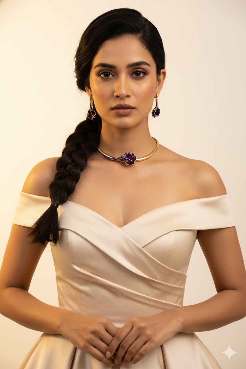 Gold Plated Calla Lily Enamel Collar Necklace Set | Purple Floral | Anti‑Tarnish