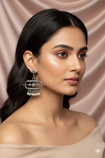 Oxidised Rectangular Pearl Drop German Silver Earrings