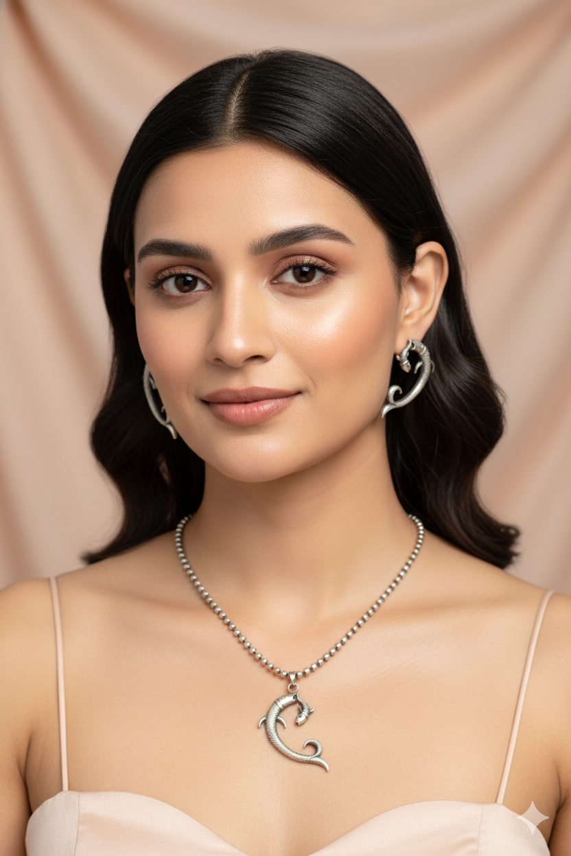 Twin Fish Motif Pendant Set | Oxidised German Silver