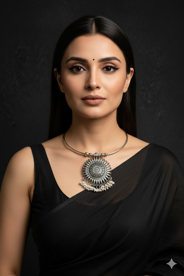 Oxidised German Silver Hansli Necklace with Sunburst Pendant & Pearl Fringe