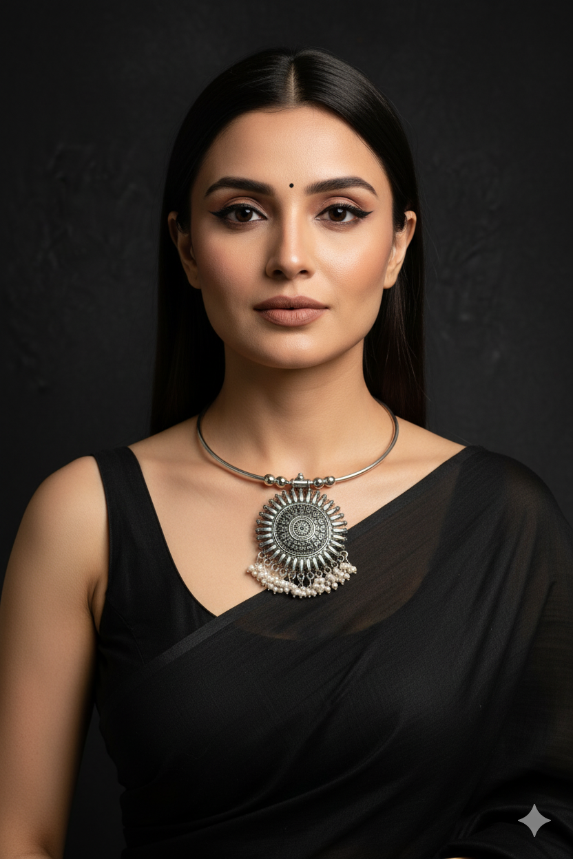 Oxidised German Silver Hansli Necklace with Sunburst Pendant & Pearl Fringe