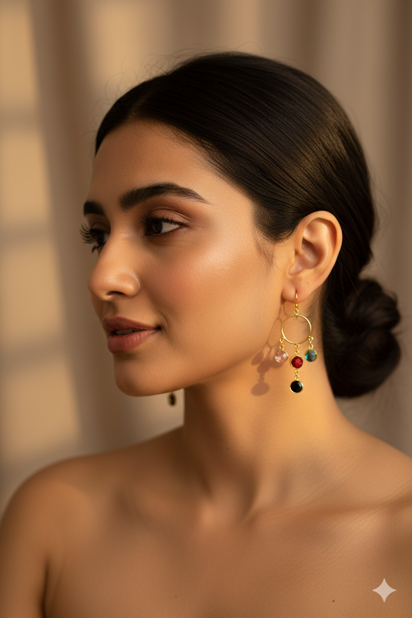 Circle Charm Dangle Earrings – Blue, Red & Black Stones | Natural Stone, Gold‑Plated Brass