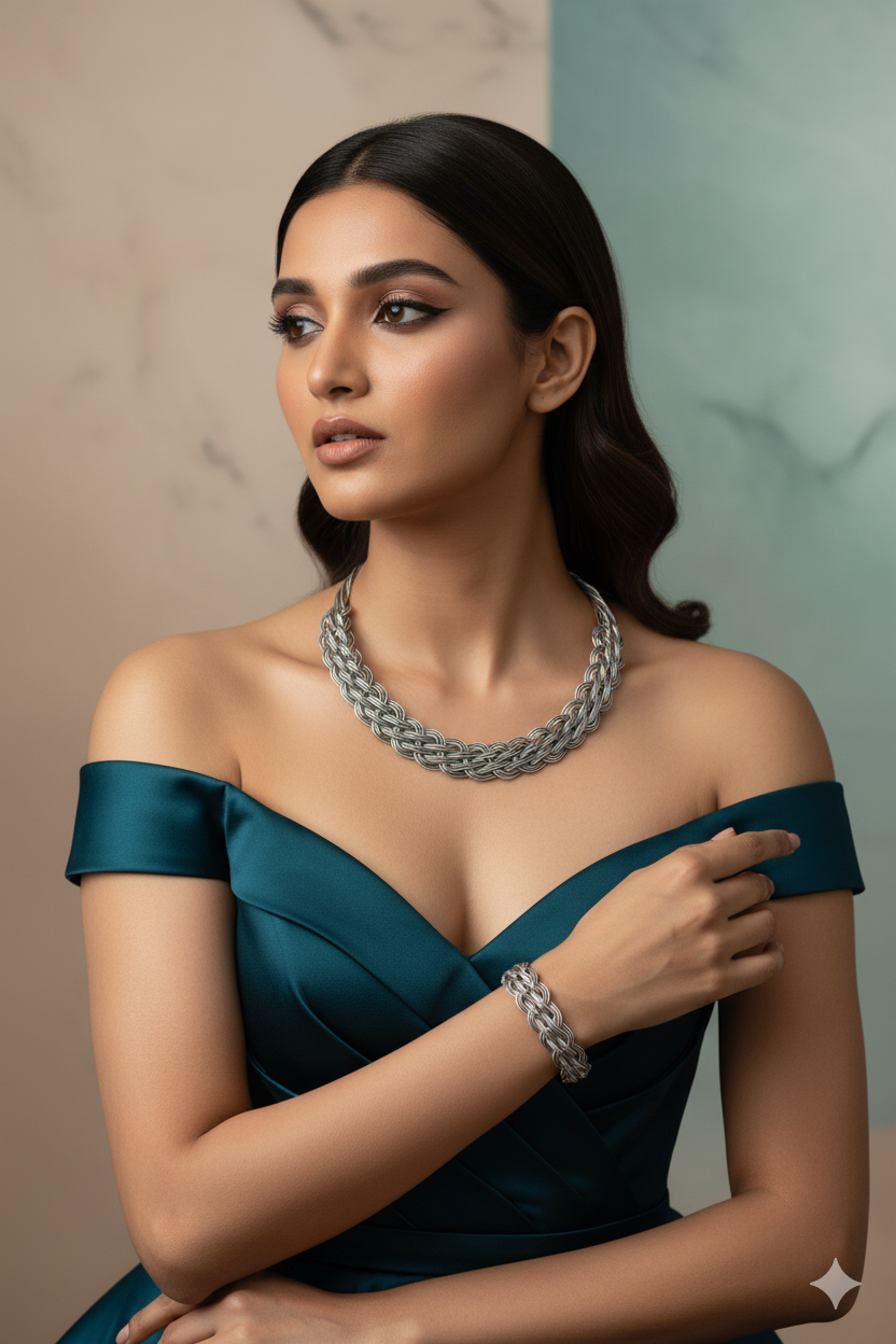 German Silver Braided Oxidised Necklace with Matching Bracelet