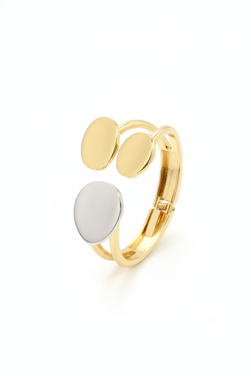 Anti-Tarnish Two-Tone Geometric Disc Cuff Bracelet – Modern Stainless Steel Design