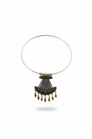 Dual Tone Oxidised German Silver Cone-Shaped Tribal Hansuli Necklace