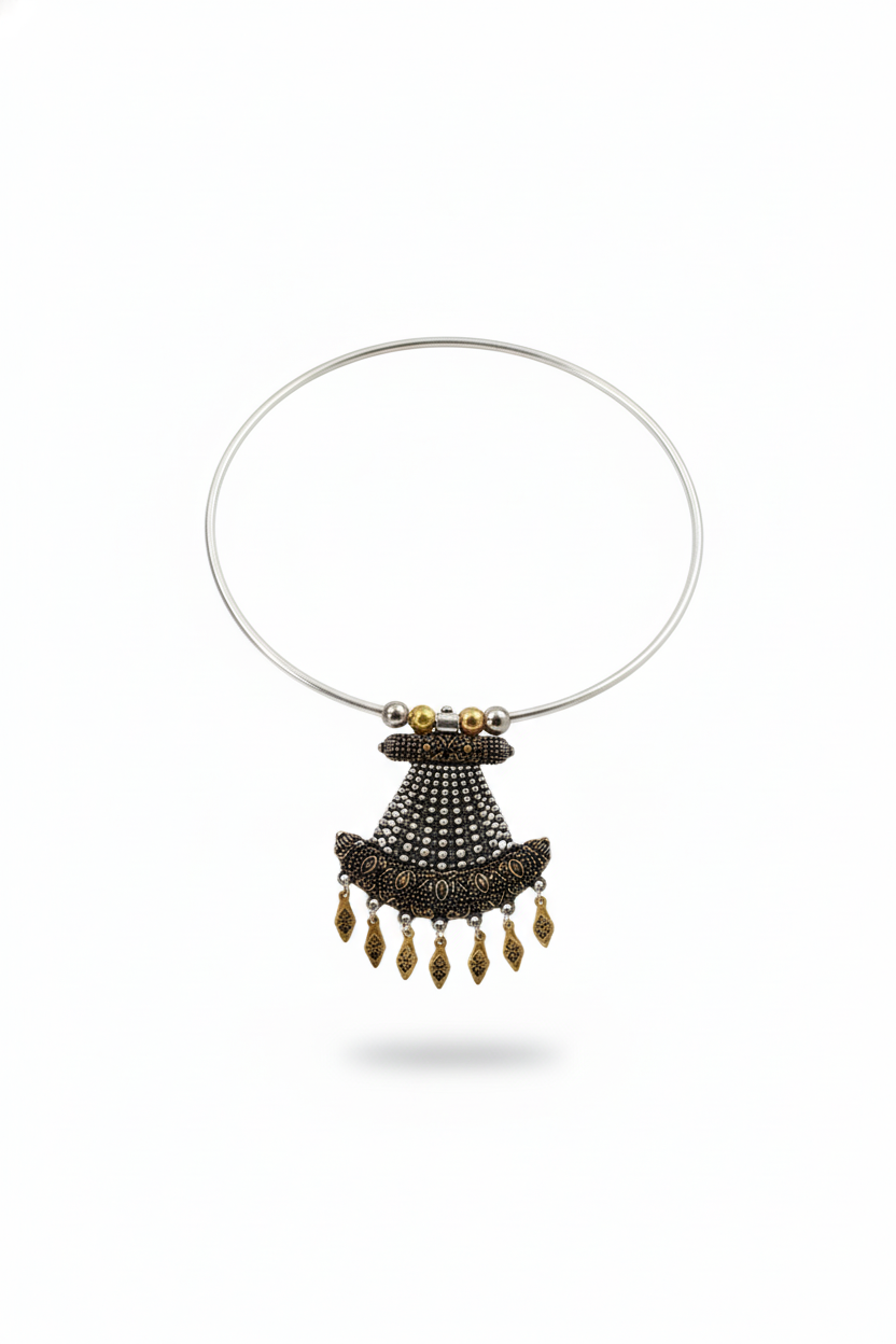 Dual Tone Oxidised German Silver Cone-Shaped Tribal Hansuli Necklace