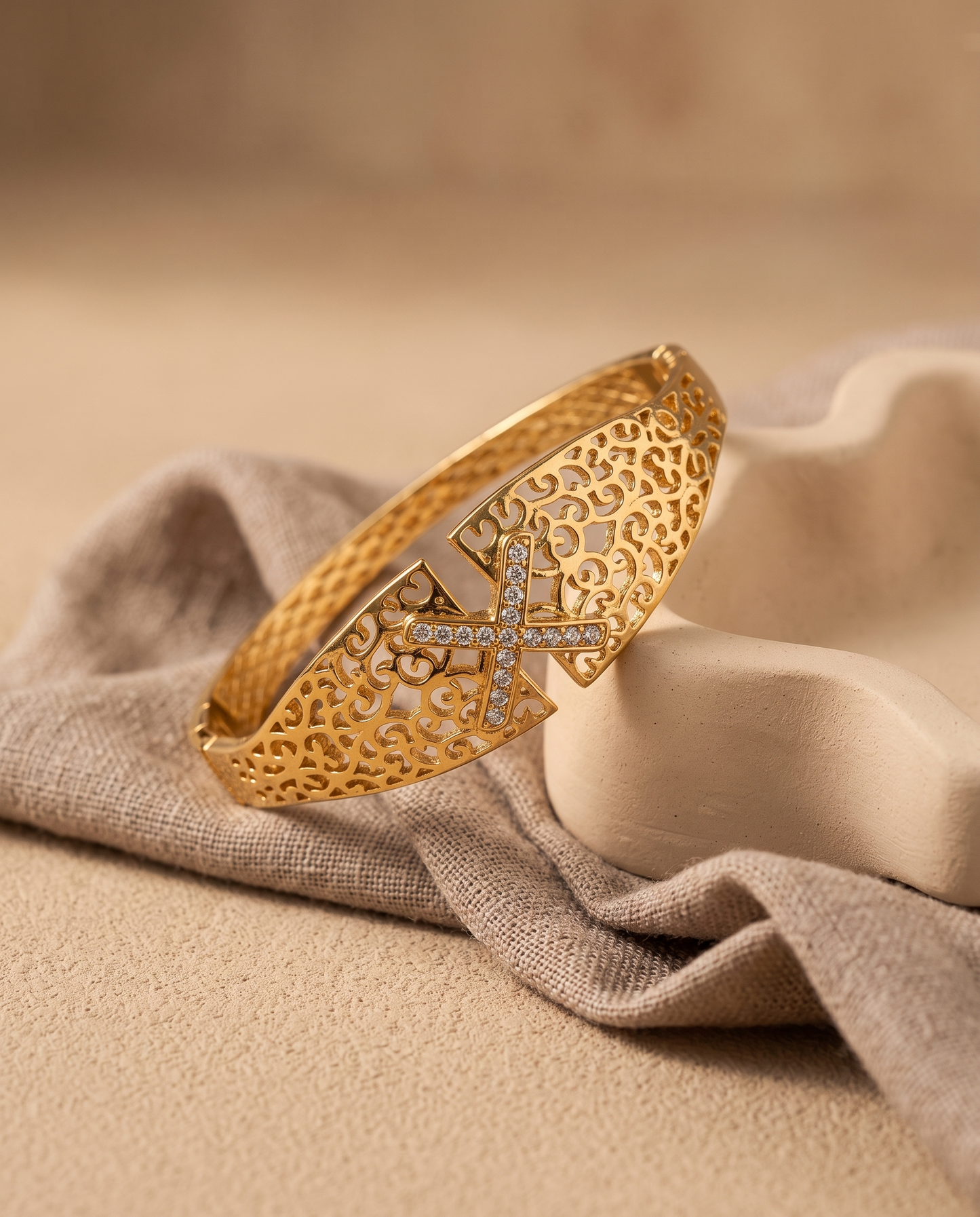 Filigree Scroll Bangle with Crystal X Clasp