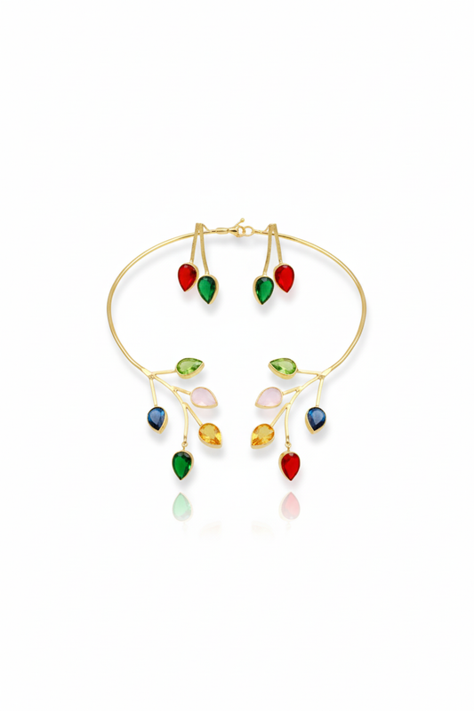 Branch Leaf Multistone Hansuli Necklace With Earrings | Brass Anti Tarnish | Lightweight