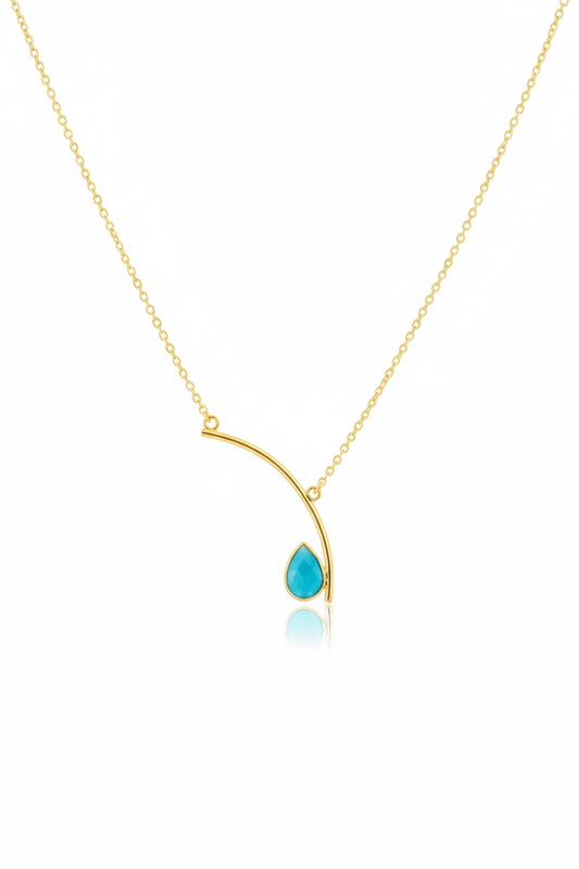 Curved Bar Chain Necklace with Aqua Teardrop Natural Stone | Brass Anti Tarnish | Lightweight