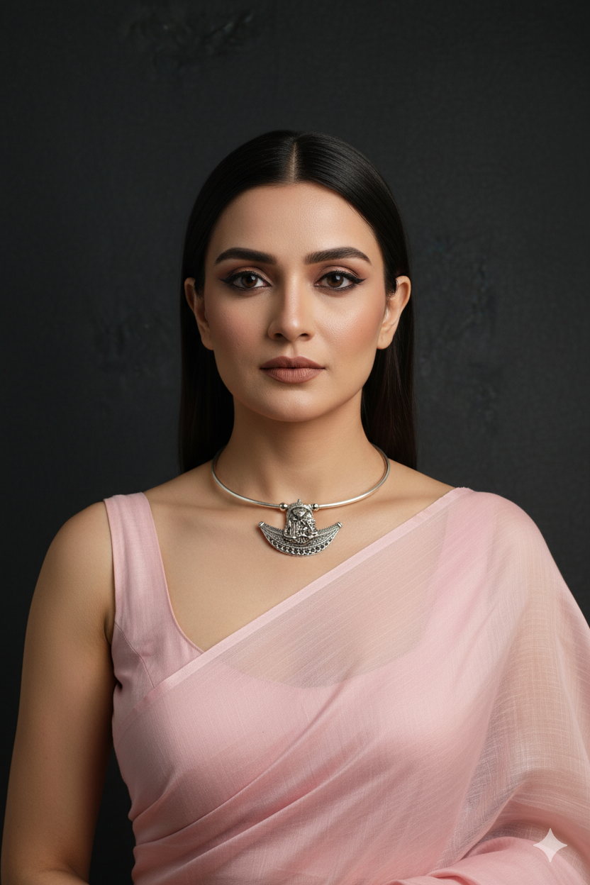 Oxidised German Silver Hansli Necklace with Goddess Motif Pendant