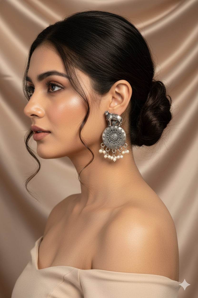 Oxidised German Silver Cow Design Earrings with Pearl Drops