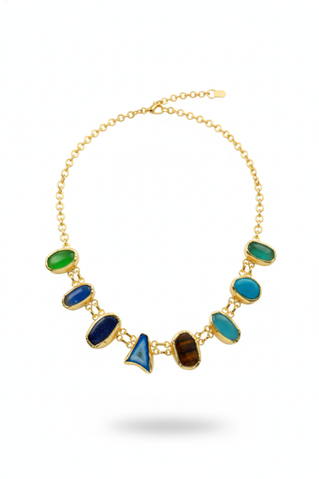 Natural Stone Statement Necklace – Multicolor Gem Chain | Brass Anti Tarnish | Lightweight