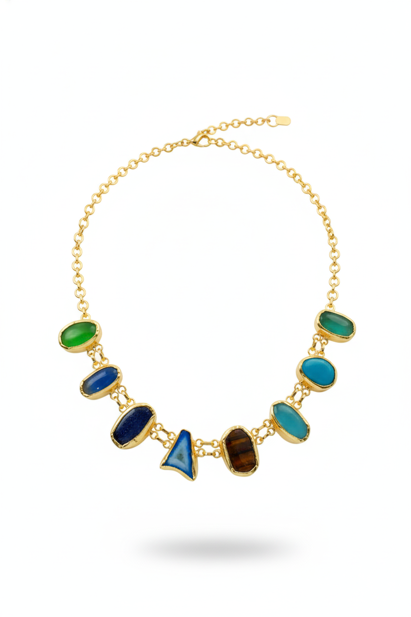 Natural Stone Statement Necklace – Multicolor Gem Chain | Brass Anti Tarnish | Lightweight