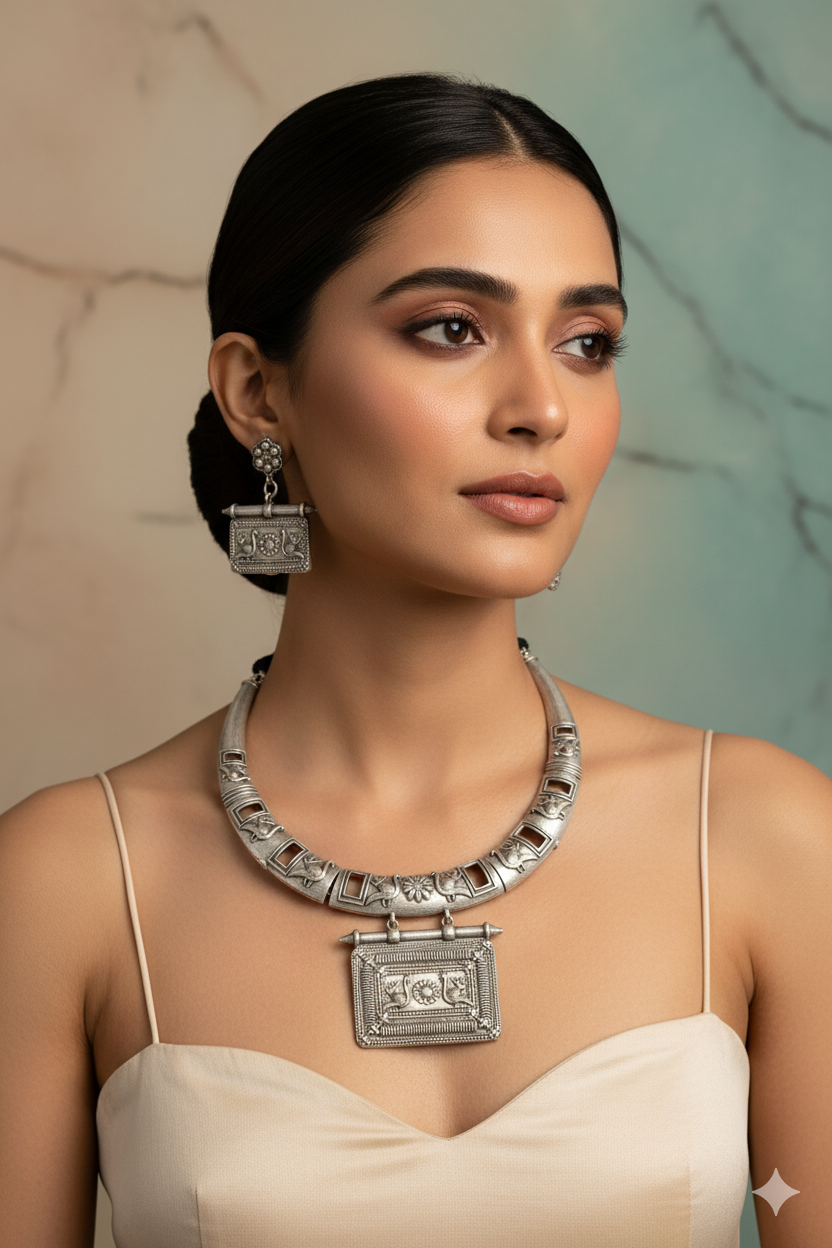 German Silver Oxidised Temple Necklace with Earrings (Rectangular Pendant)