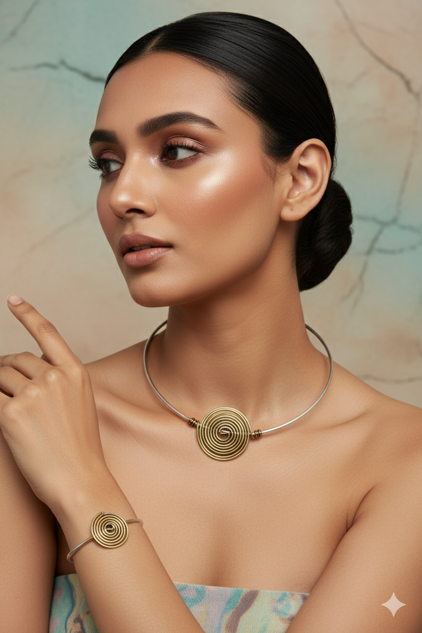 German Silver Dual-Tone Spiral Necklace with Matching Spiral Bracelet