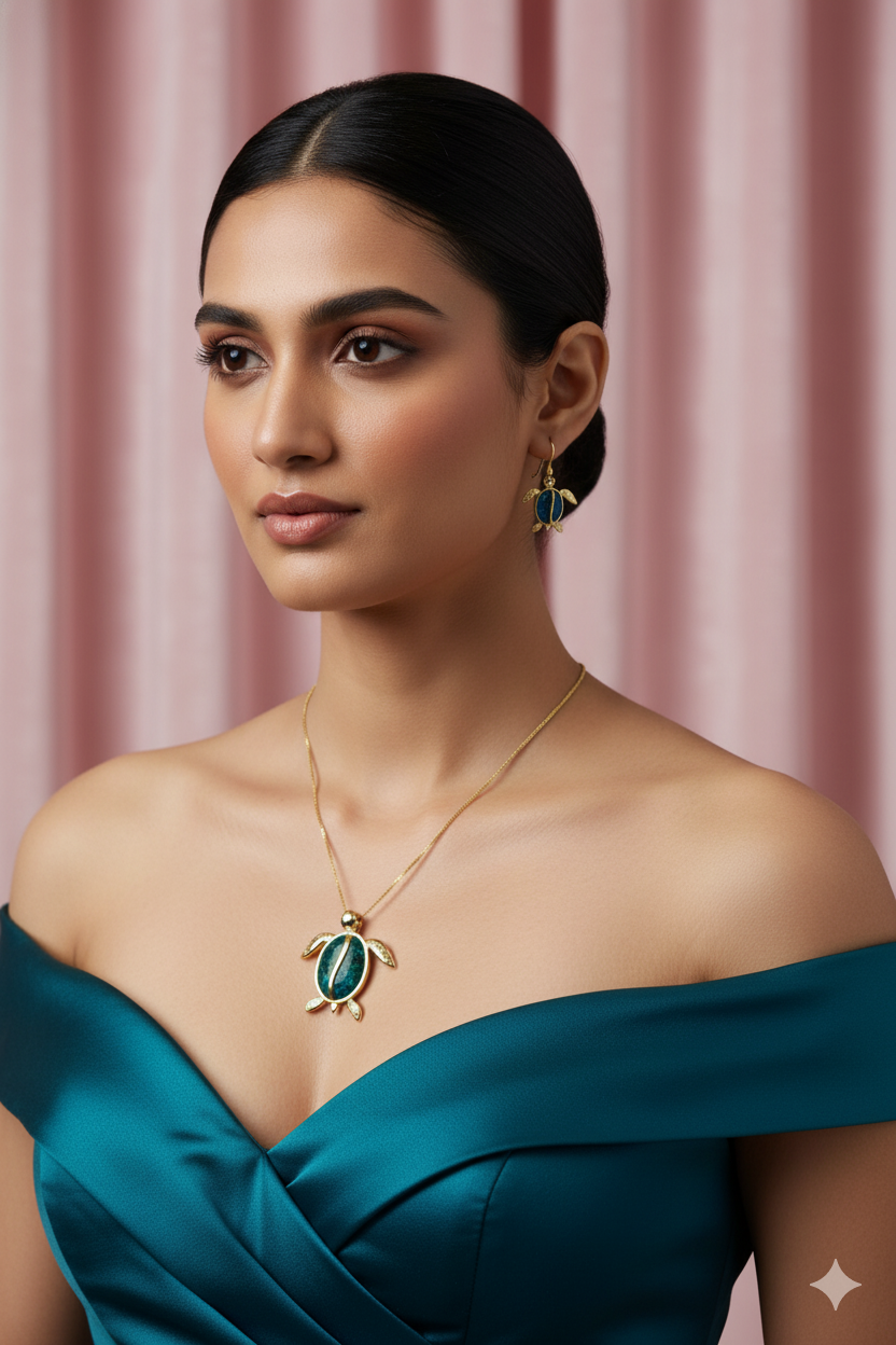 Turtle Blue Enamel Pendant Set - Luxury Gold Plated Turtle Necklace & Earrings | Anti Tarnish Coating