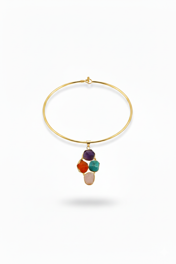 Minimal Hansuli Necklace with Multicolor Stones | Brass Anti Tarnish | Lightweight