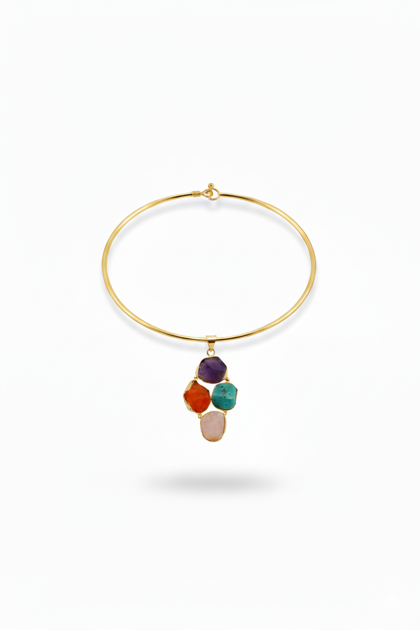 Minimal Hansuli Necklace with Multicolor Stones | Brass Anti Tarnish | Lightweight