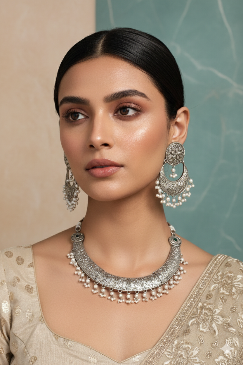 German Silver Oxidised Floral & Pearl Dangling Necklace Set