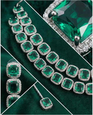 Emerald Double Layer Cushion Cut Necklace Set | Premium Party Jewellery