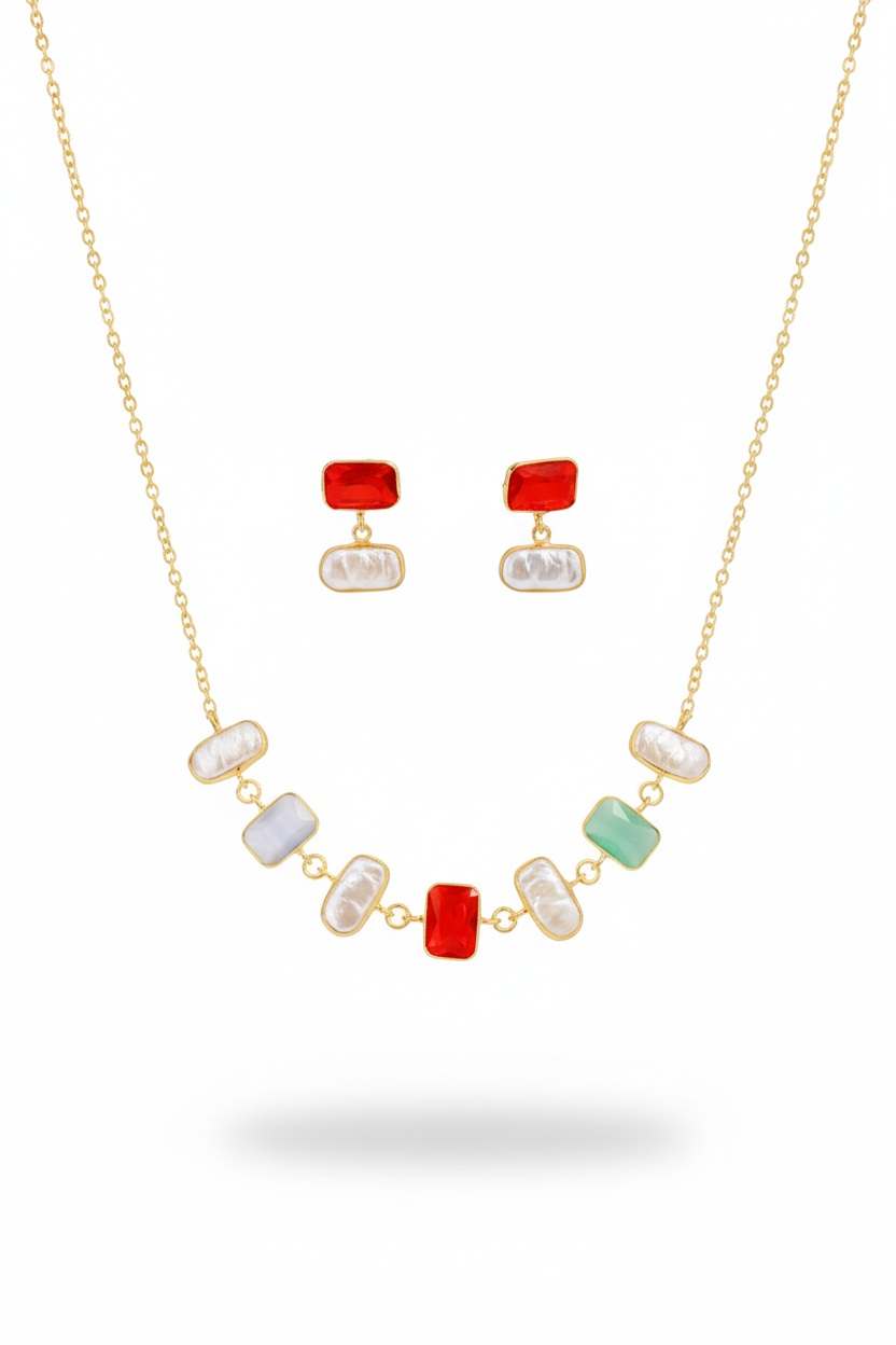 Pearl, Green & Red Stone Necklace Set | Natural Stones, Gold-Plated Brass