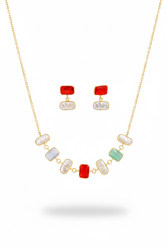 Pearl, Green & Red Stone Necklace Set | Natural Stones, Gold-Plated Brass