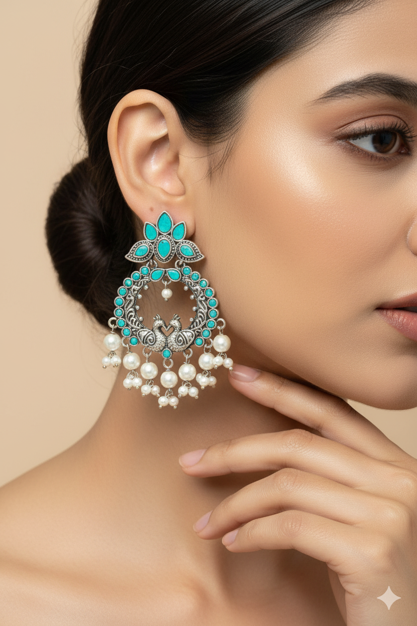 Blue Monalisa Twin Peacock Chandbali with Pearls | Oxidised German Silver