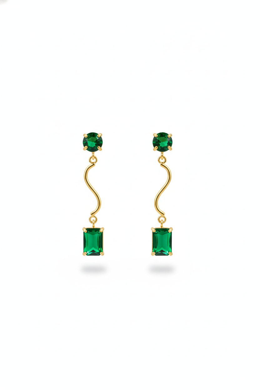 Wavy Bar Drop Earrings with Emerald‑Green Stone | Natural Stone, Gold‑Plated Brass