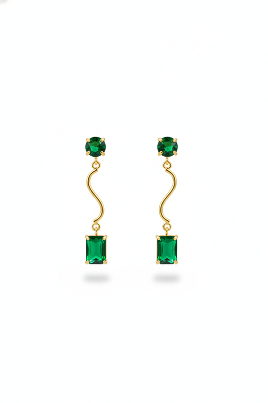Wavy Bar Drop Earrings with Emerald‑Green Stone | Natural Stone, Gold‑Plated Brass