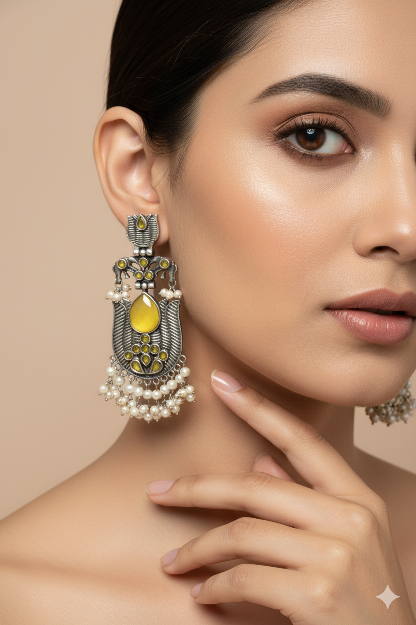 Yellow Monalisa Stone Lotus Design German Silver Earrings