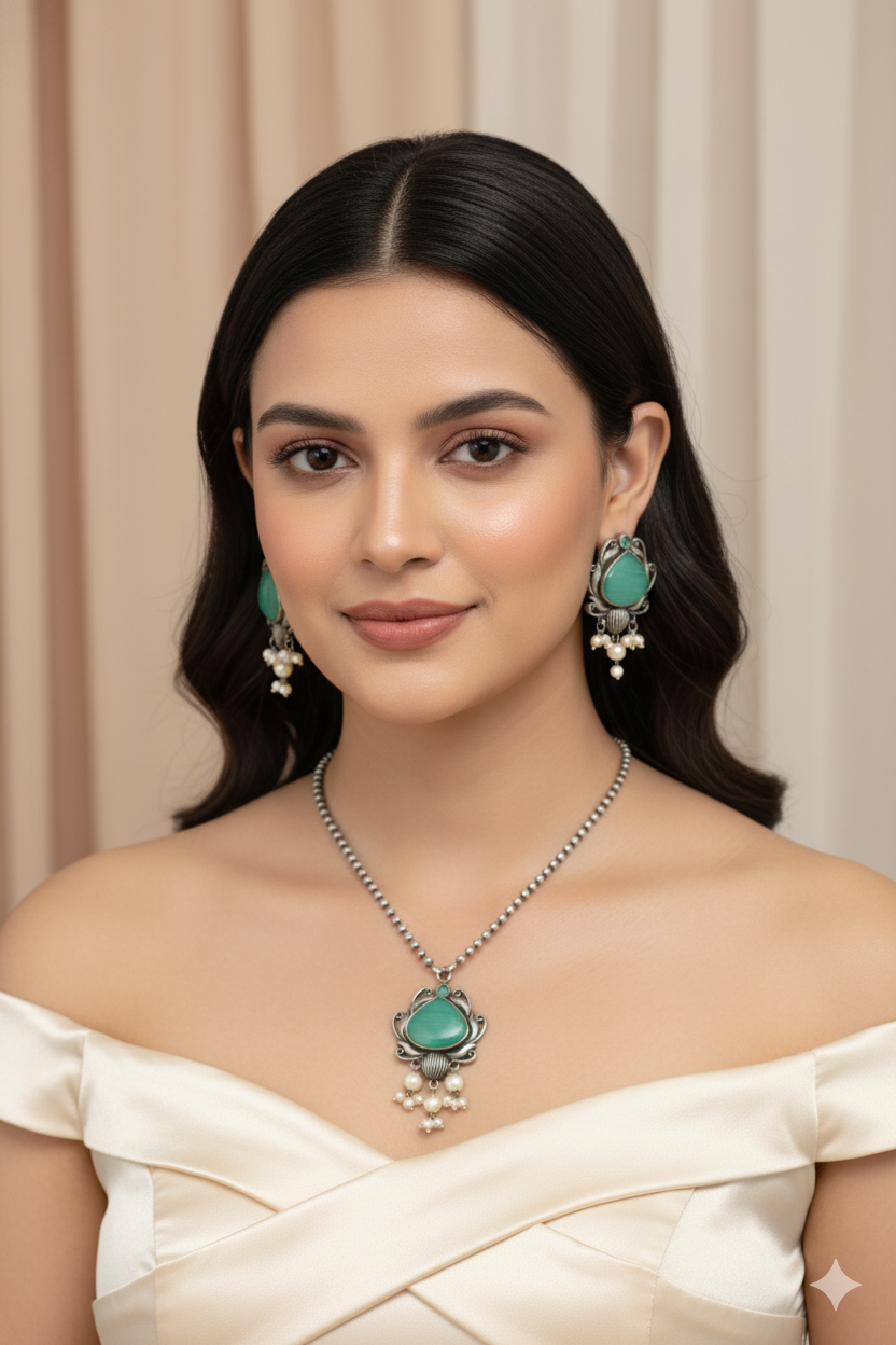 Green Monalisa Lotus Pendant Set with Earrings & Pearls | Oxidised German Silver