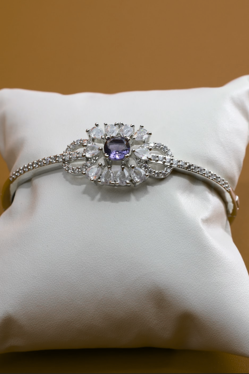 Delicate Floral Silver Bracelet with Purple Stone