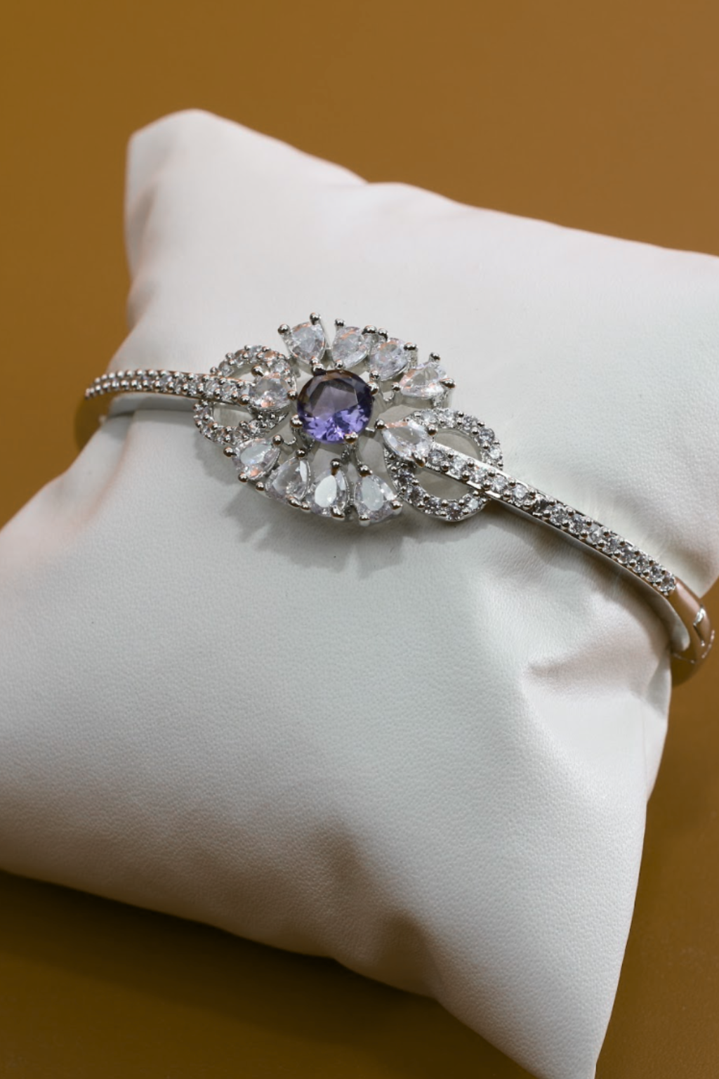 Delicate Floral Silver Bracelet with Purple Stone