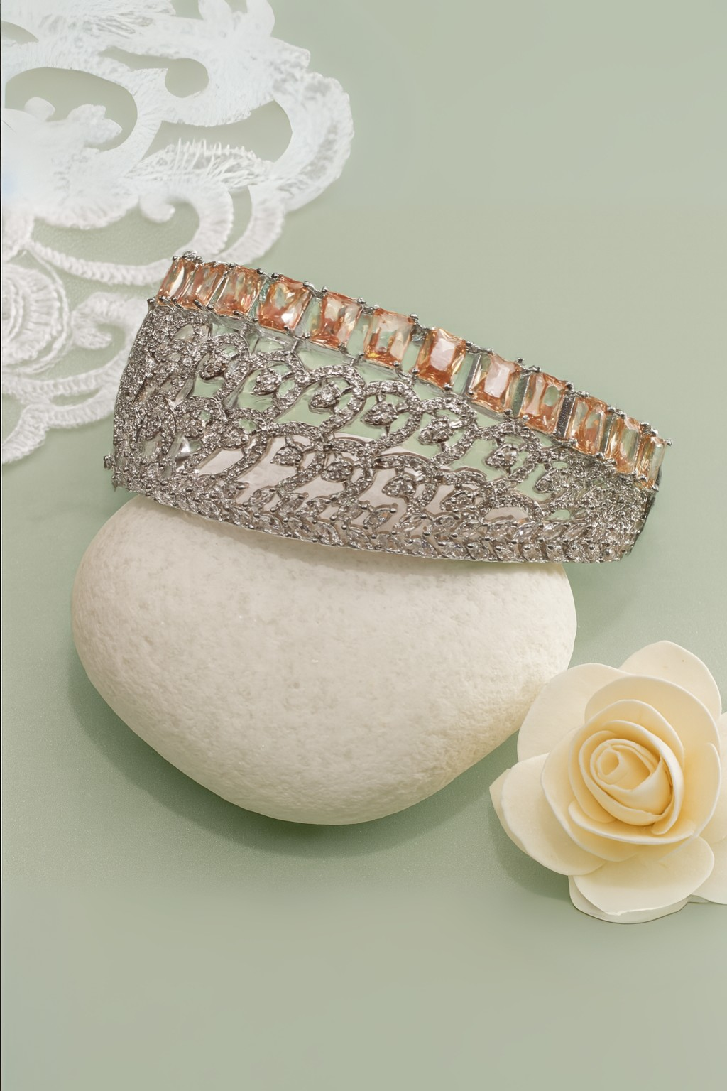 Dual Layered Silver Bracelet with Champagne Stones