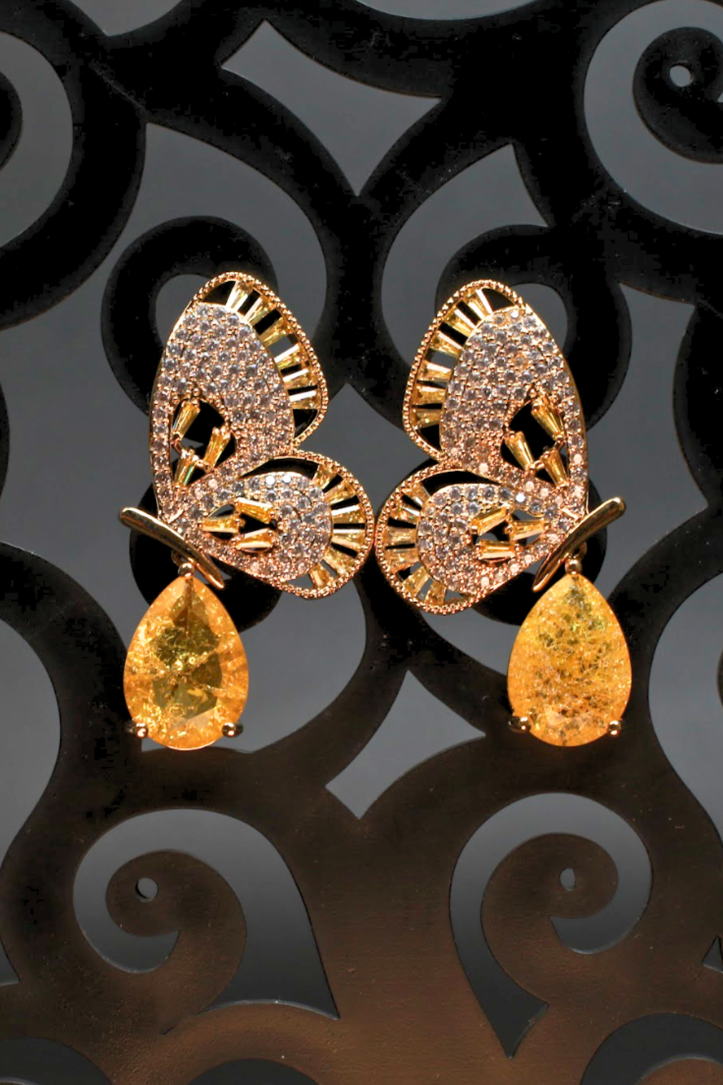 Yellow Butterfly Drop Earrings with CZ