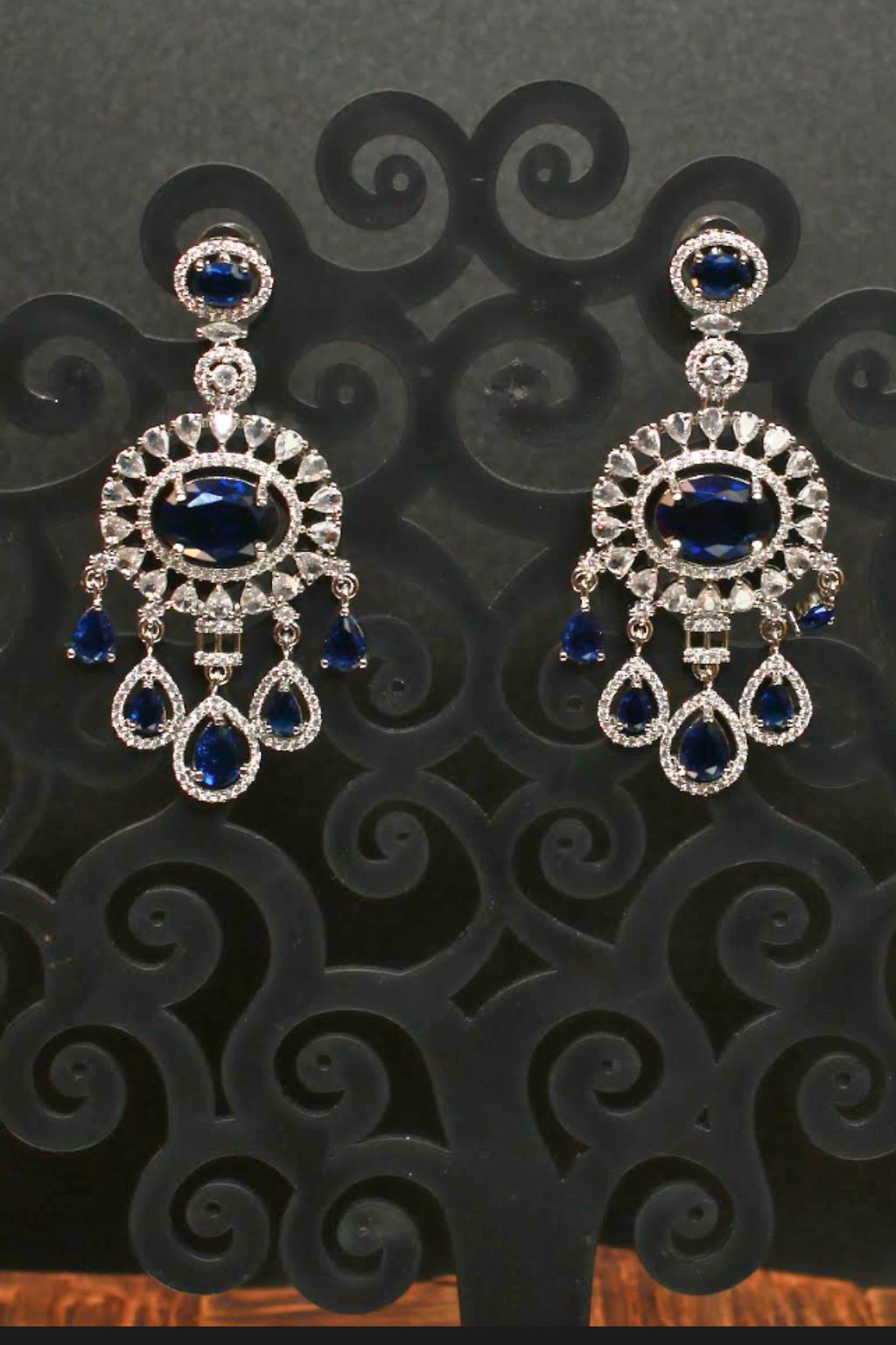 Royal Blue Chandelier Earrings with CZ Accents
