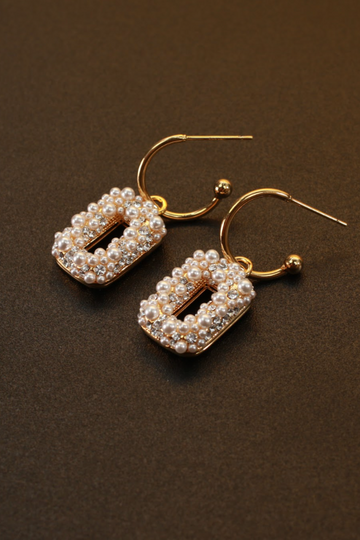 Pearl-Studded Rectangular Hoop Earrings in Gold Finish