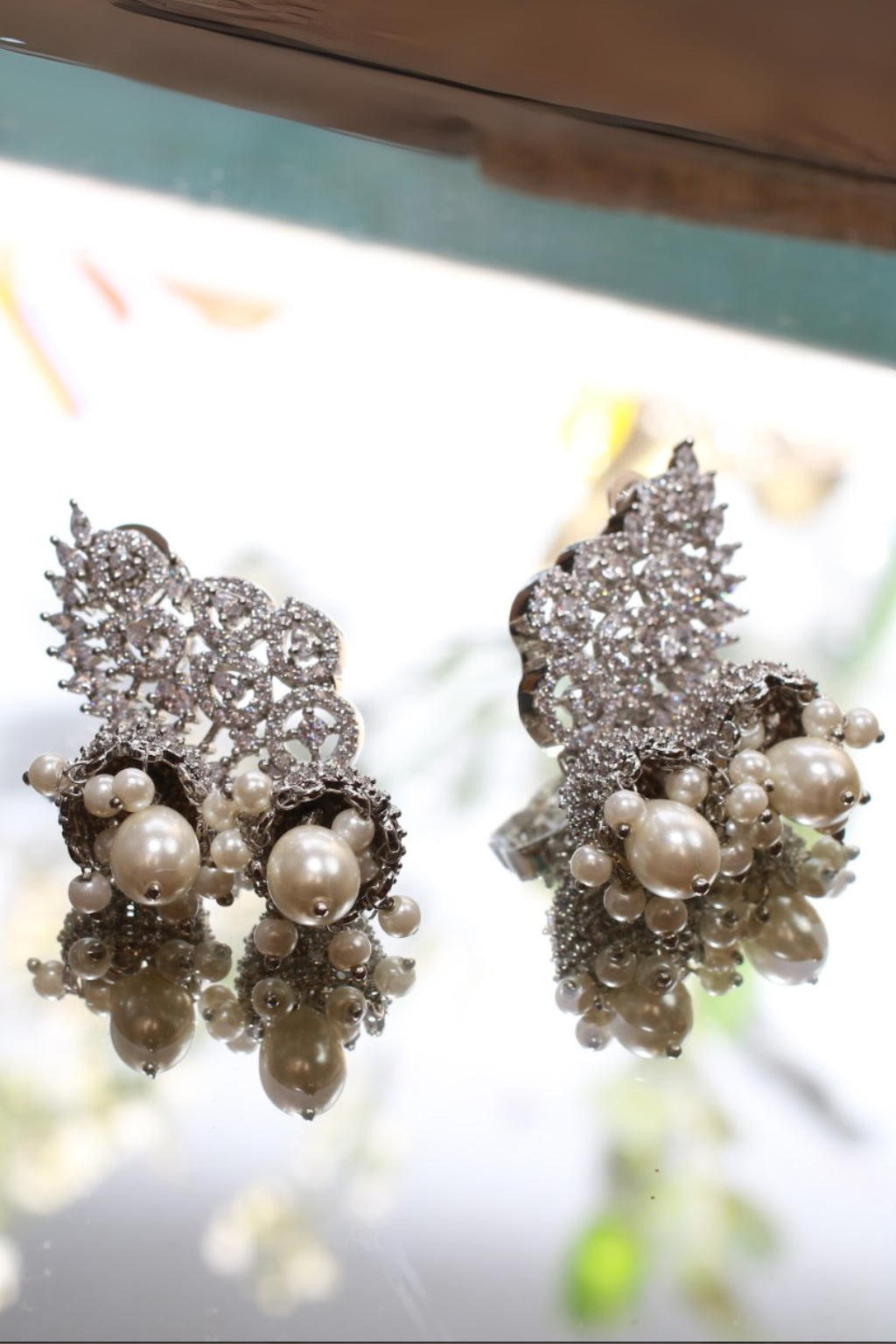 Zircon Leafwork Jhumka Earrings with Pearl Drops
